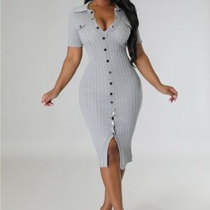 Elegant Grey Button-Down Ribbed Dress